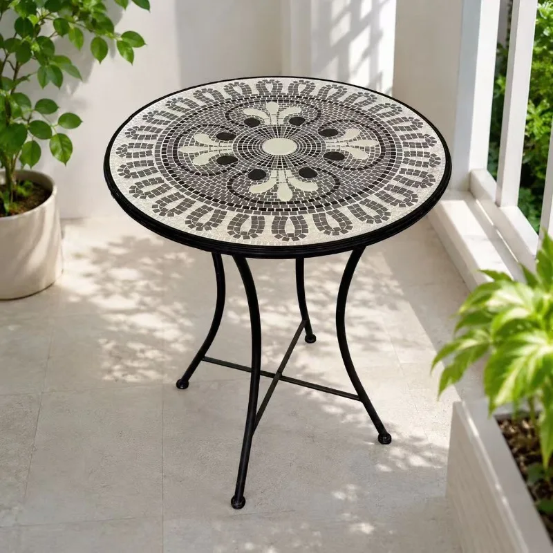 Black and white flower mosaic wrought iron table, courtyard waterproof and sunscreen terrace casual coffee corner coffee table