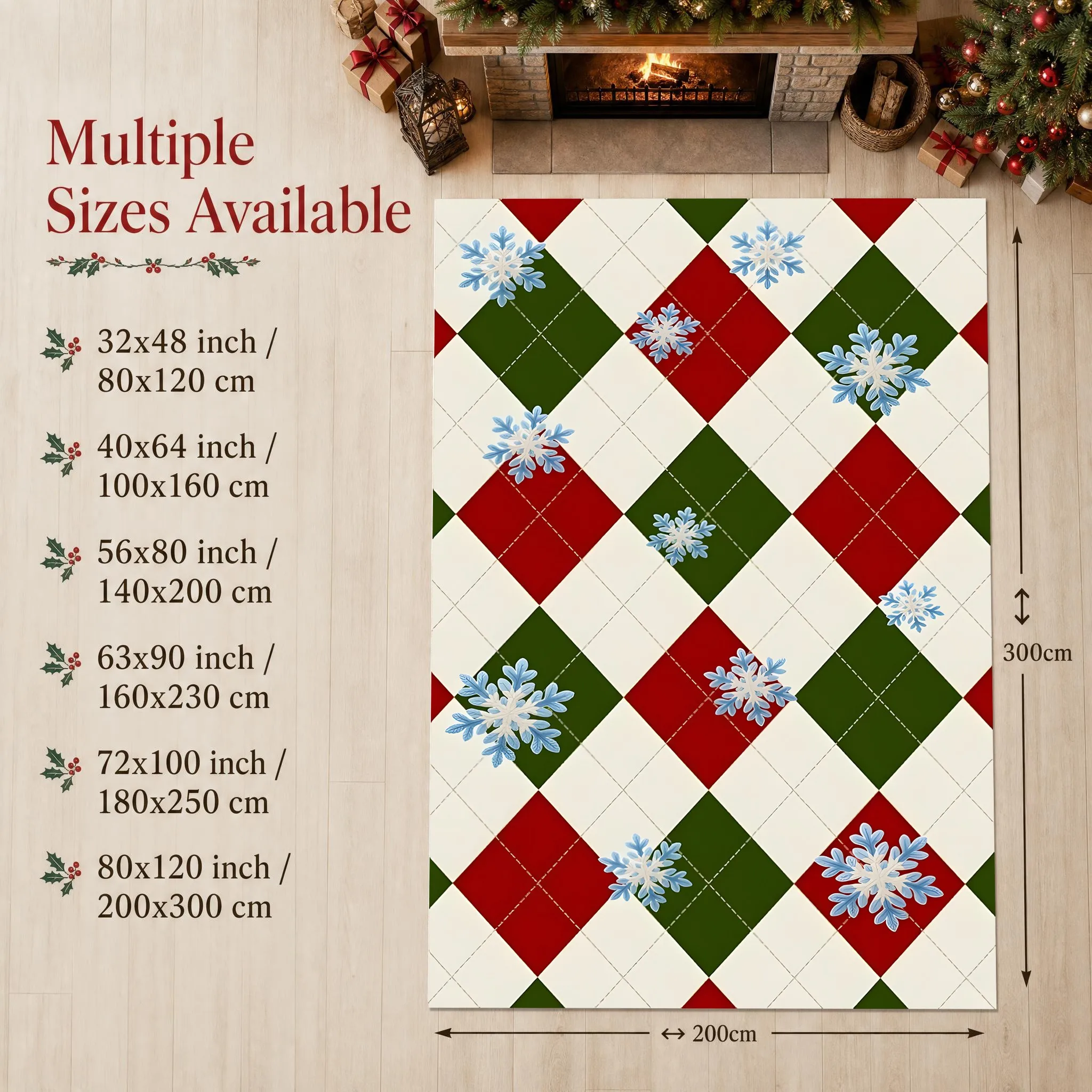 Retro-Style Christmas Carpet with Red, White, and Green Diamond Snowflake Pattern, Perfect for the Living Room, Bedroom, and Entryway, Creating a Warm Autumn/Winter Atmosphere