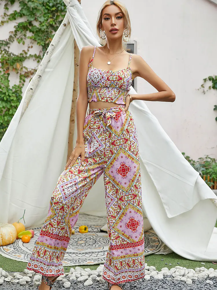 

HH женские модные комплекты брюк с принтом, топ без рукавов на бретелях, свободные повседневные брюки с эластичной резинкой на талии, лето 2021, женские богемные наряды