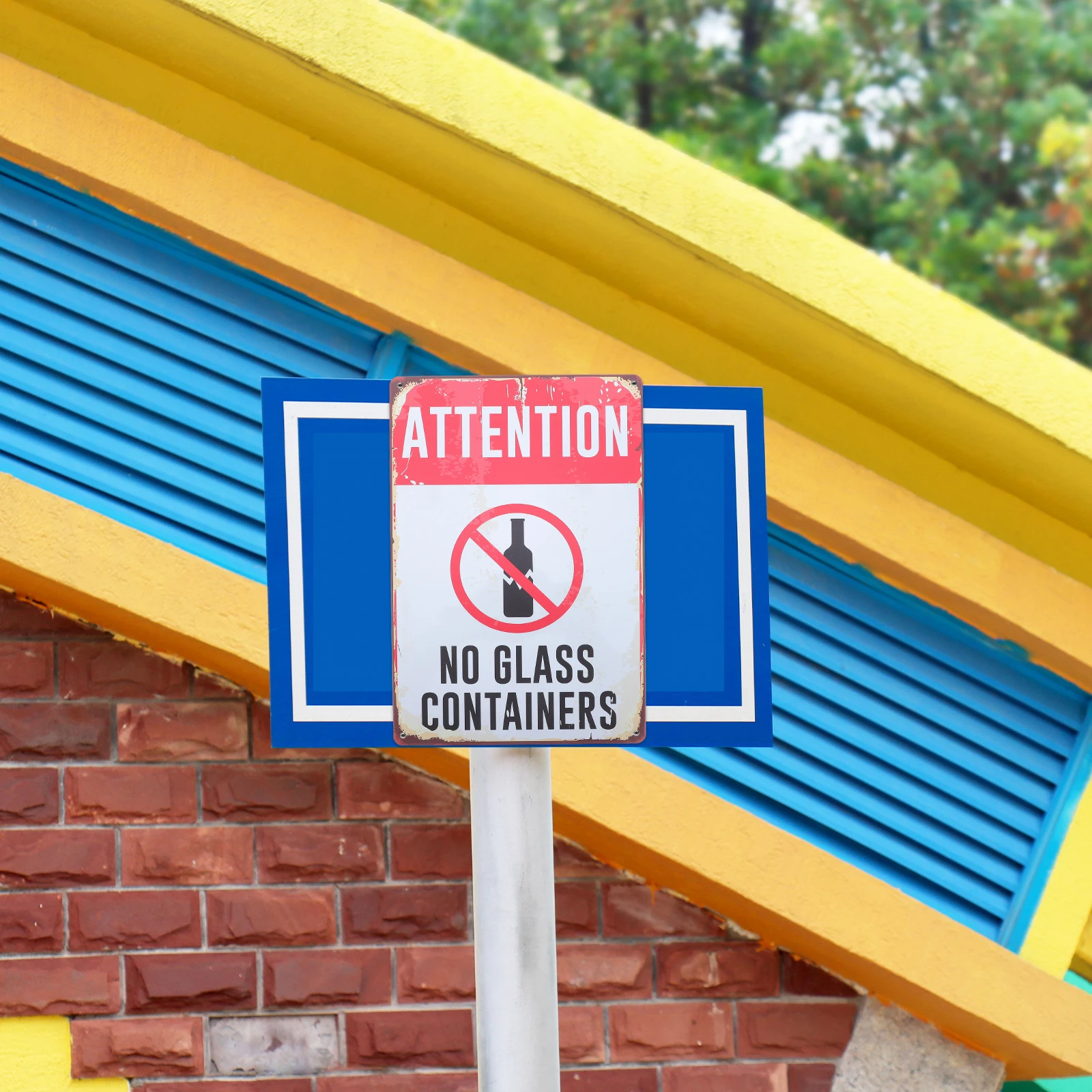 2pcs Iron Pool Warning Signs No Glass Containers Sturdy Weather Resistant Outdoor Use Bold Visible for High Traffic