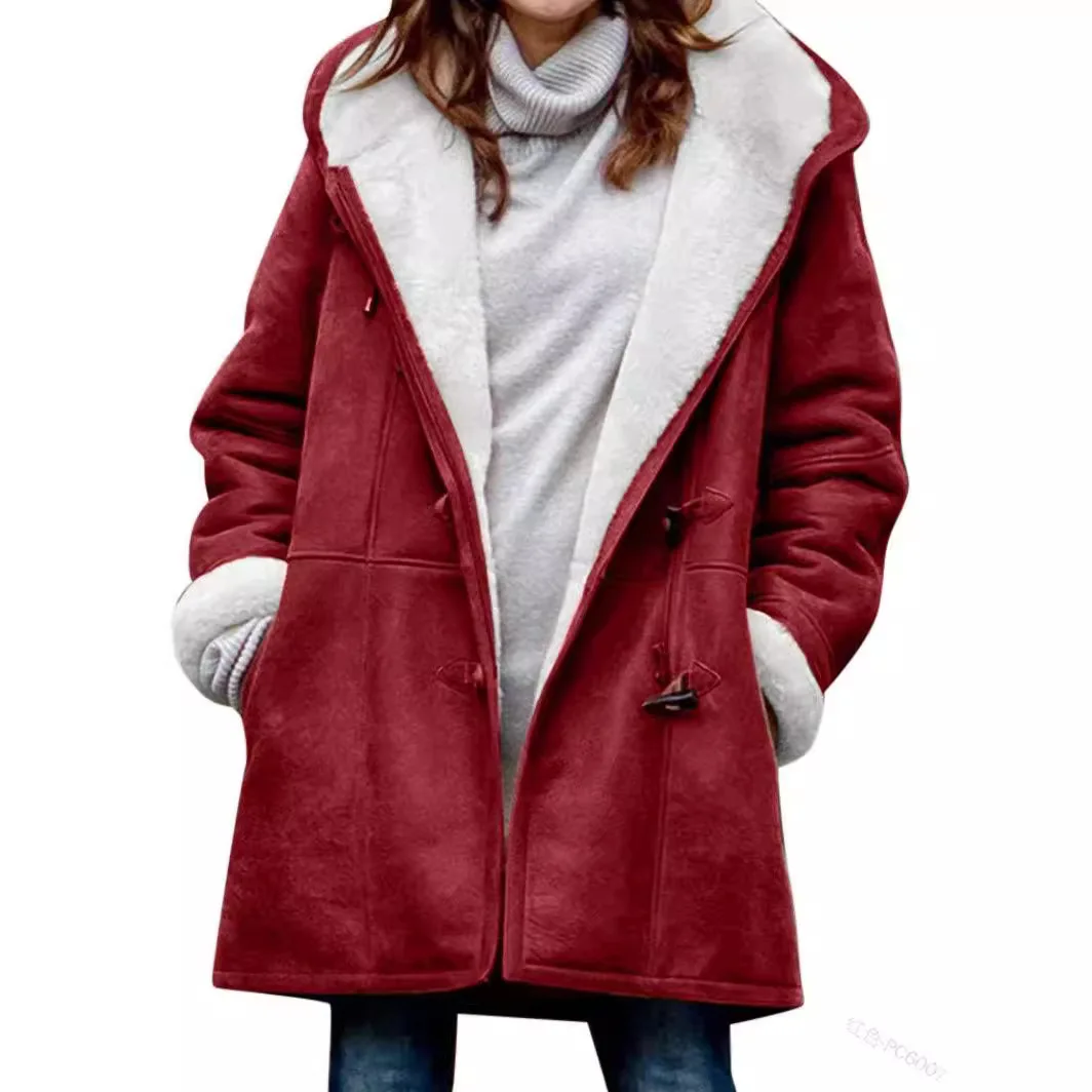 Cappotto da donna autunno inverno a maniche lunghe con fibbia in corno giacca calda in pile da donna con cappuccio