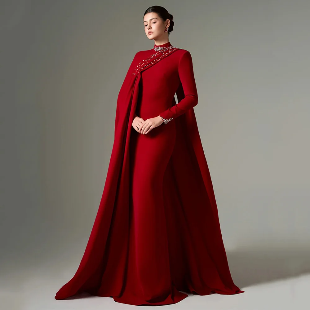 Saudi Arabic Formal Evening Dress with Cape Customized High Neck Long Sleeves Beading Stones Floor Length Mermaid  Prom Gown