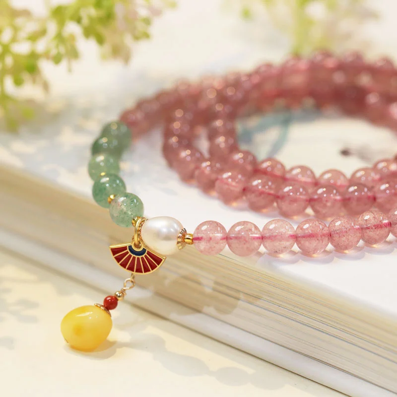 Natural Multi Loop Strawberry Crystal Bracelet Women's Handmade Design Diy Honey Wax Accessory Red Green