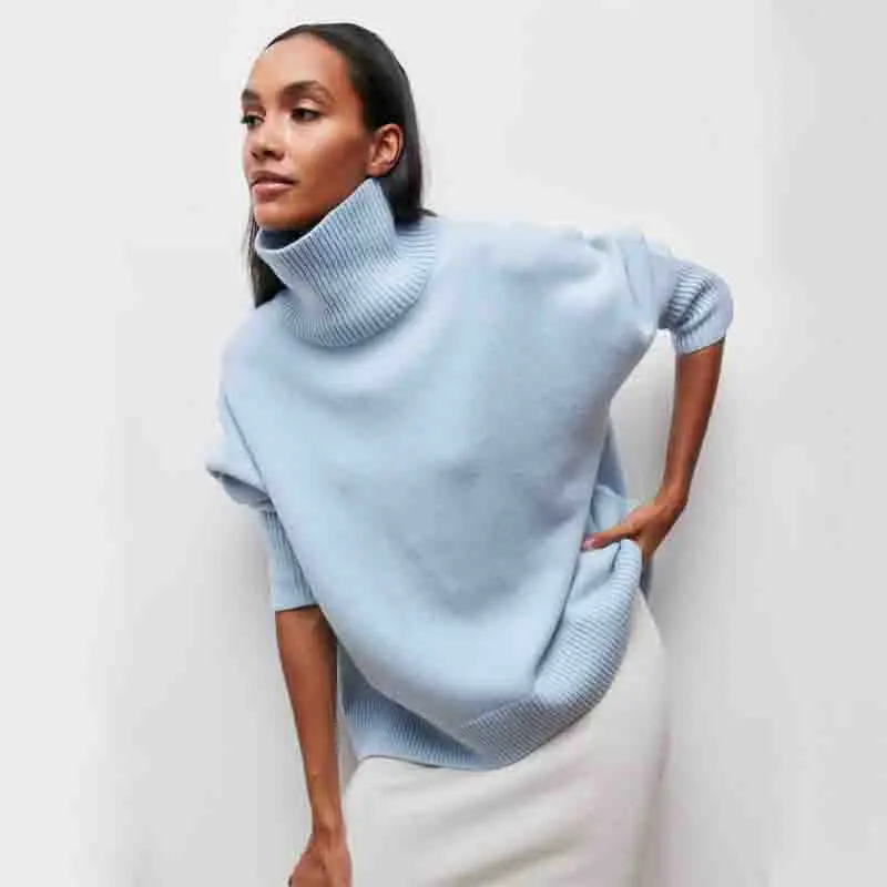 Autumn Winter Fashion Solid Knitted Casual Women Tops Korean Half High Collar Long Sleeve Pullover Lady Sweaters AL727114434556