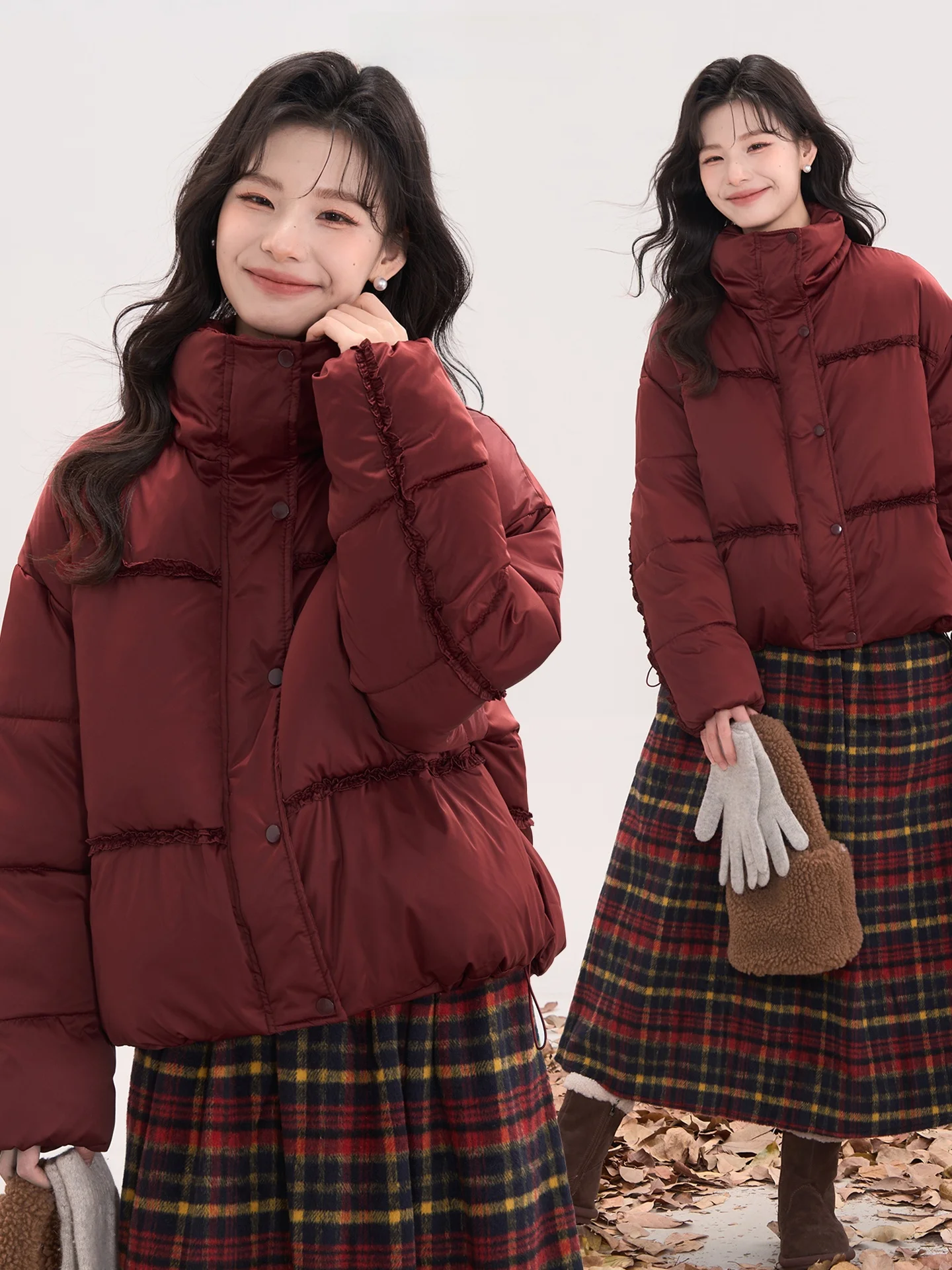 

Red Lace Cotton Jaet Bread Sle Women's Winter Coat Sweet Sle Pure Color Zipper Closure Long Sve Loose Fit Coat