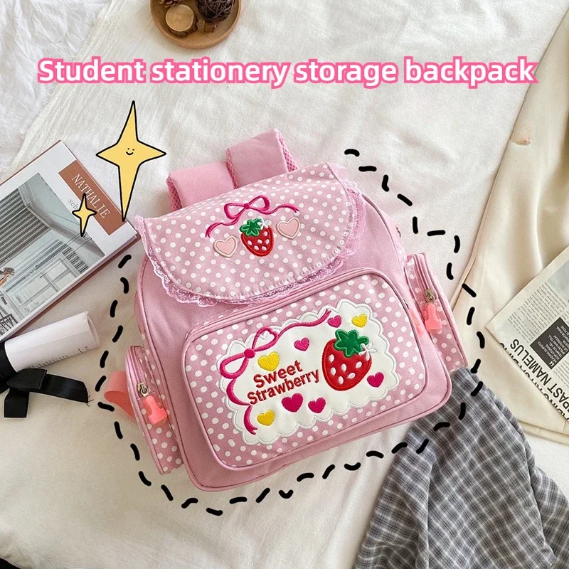 

Ins Cute Embroidery Pink Lace Backpack Waterproof Fabric Learn Schoolbag Stationery Storage Supplies Sketch Painting Art Bag