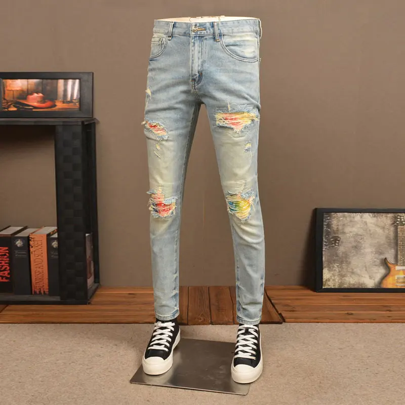 

Street Fashion Men Jeans Retro Light Blue Stretch Skinny Fit Ripped Jeans Men Patched Designer Hip Hop Denim Pencil Pants Hombre