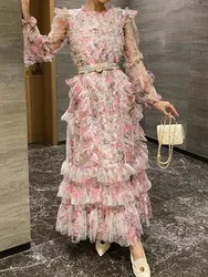 JAMERARY Runway Designer Holiday Mesh Tulle Print Floral Evening Cake Dress For Women Summer Long Sleeve Midi Vestidos Pink