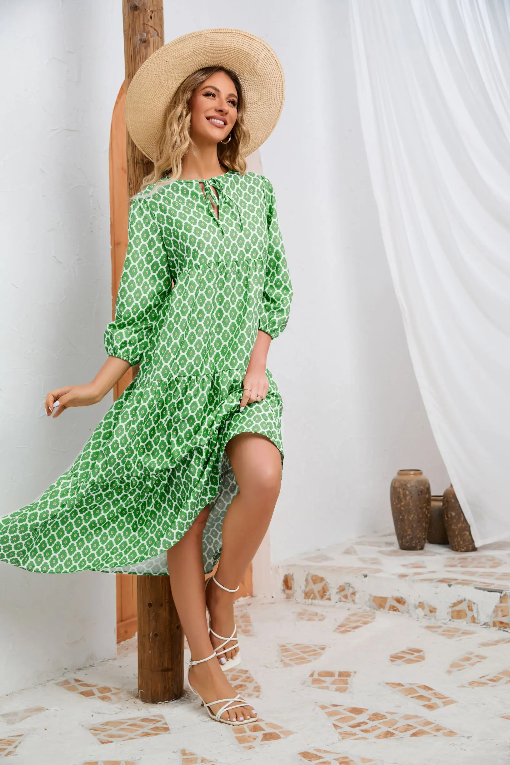 Vestido boho maxi manga folhada feminina, cordão floral casual elegante, decote em v, praia solta de férias, vestido de festa, 2024