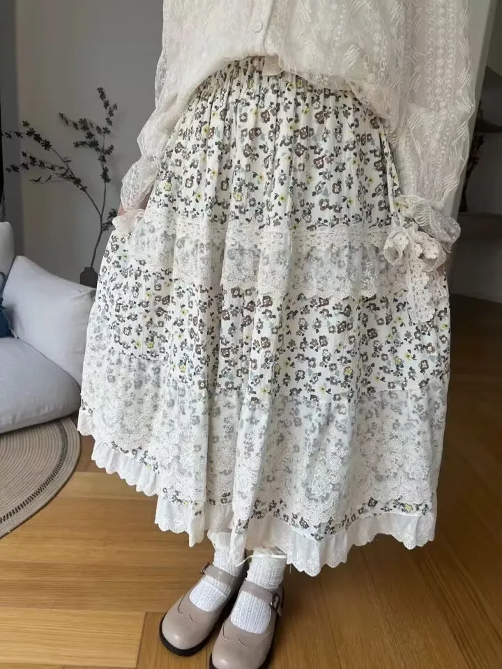 

Vintage Cotton Linen Floral Long Skirts Japanese Sweet Lace Ruffled Mori Girl Pleated Skirt Female Elastic Waist Beach Faldas