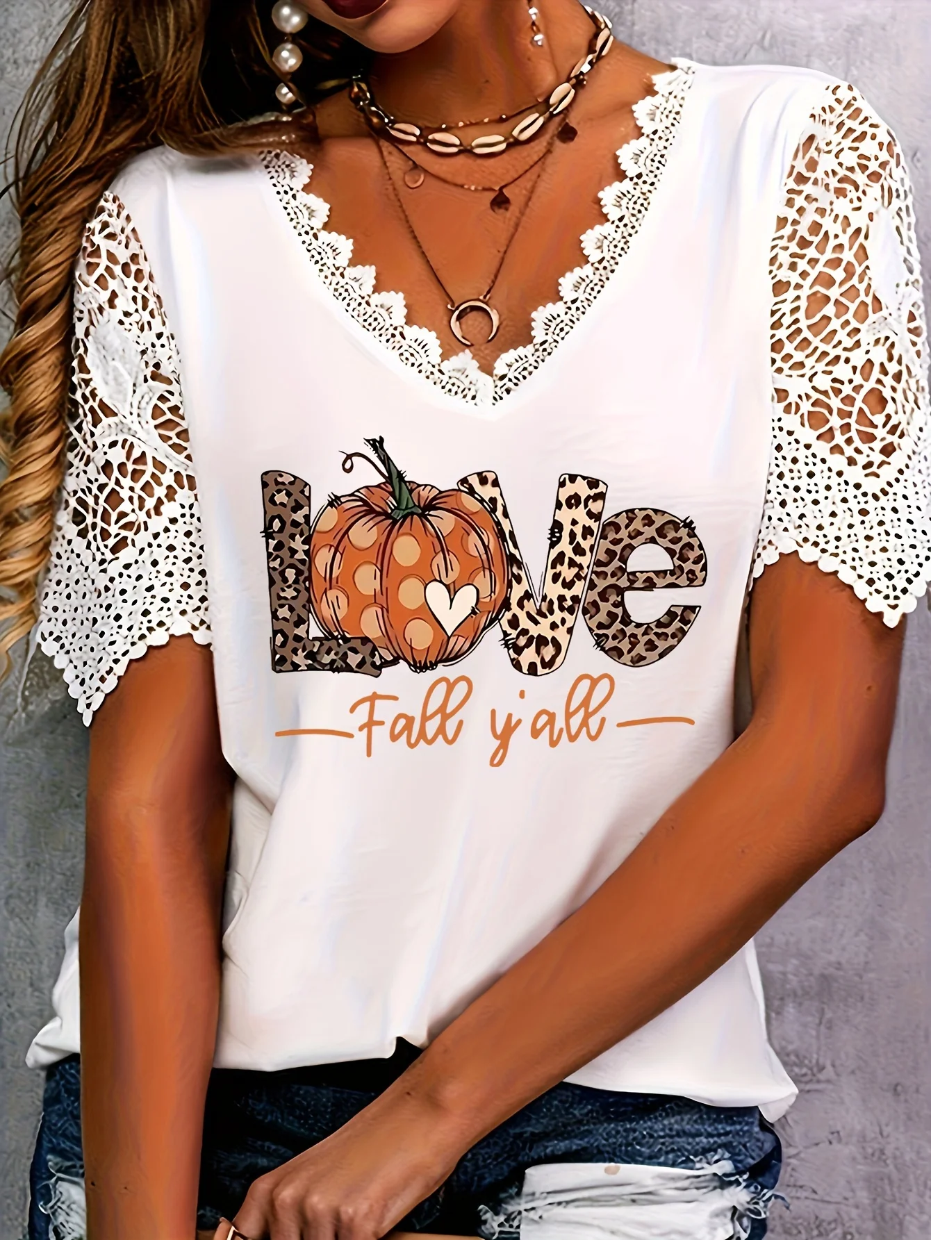 Fashion plus lace V-neck pumpkin print T-shirt - casual stretchy polyester machine washable - perfect choice for summer