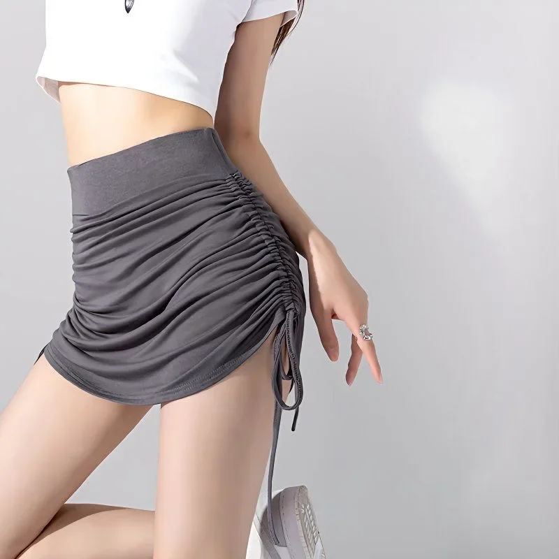High Waist Drawstring Thin Yoga Pants Women's Spring Summer Short Skirt Bodycon Loose Slimming A- Line Skirt Polyester Fiber