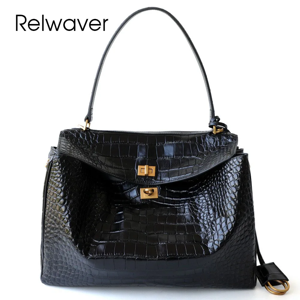 

Relwaver women messenger bags genuine leather crocodile cowhide black shoulder bag 2025 spring summer fashion ladies big flap