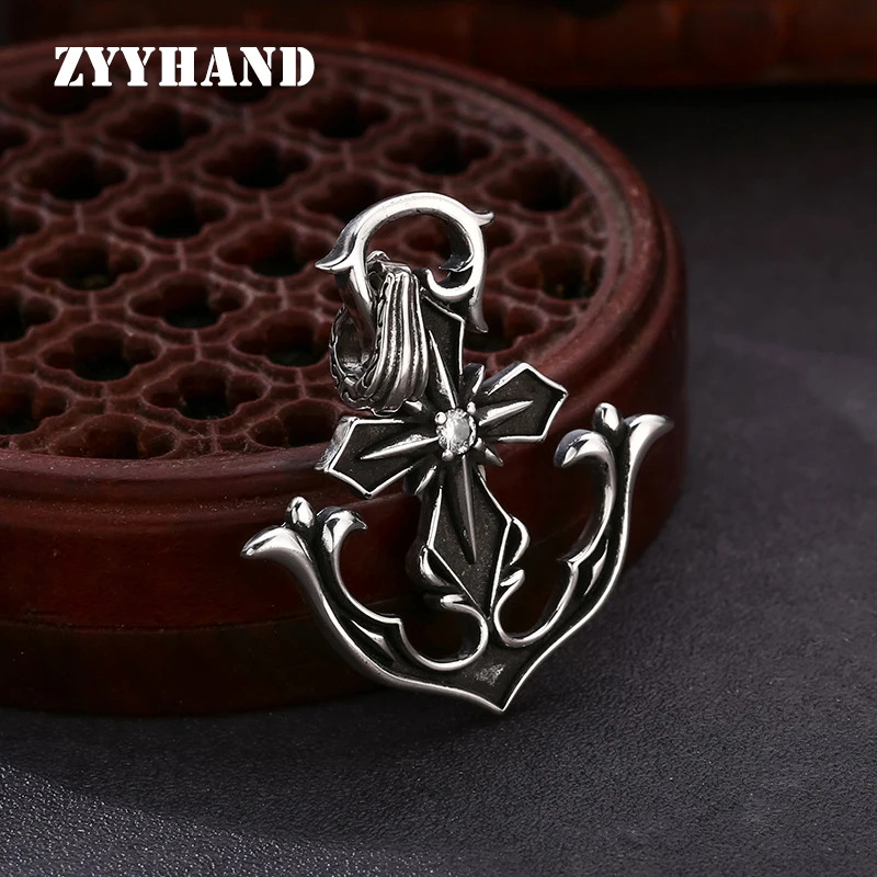 

S925 Sterling Silver Corss Pendant Thailand Style Black Gun Color Boat Anchor Clean Stone Fine Jewelry FYNE259