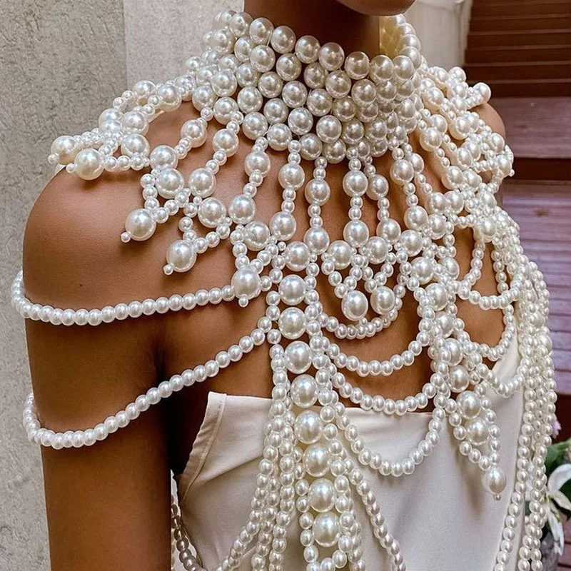 Dvacaman Handmade Woven Faux Pearl Beaded Tassel Body Chain,Elegant Wedding Baquet Party Women Accessories