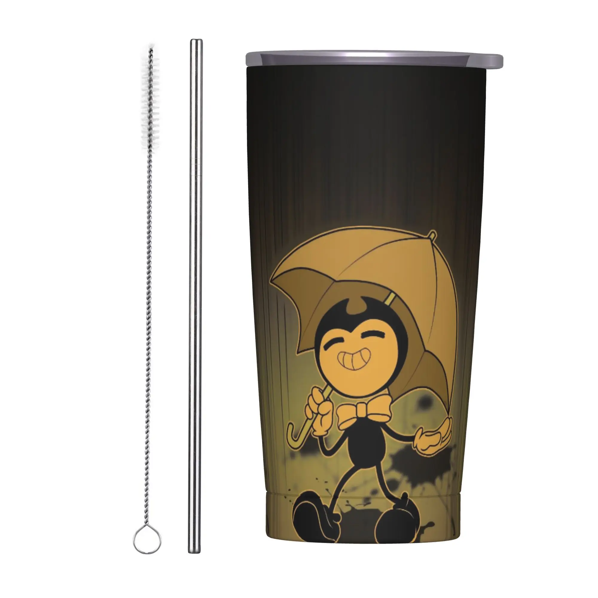 Bendy and the Dark Revival Insulated Tumbler with Straws Lid Gaming Stainless Steel Thermal Mug Outdoor Bottle Cup, 20oz