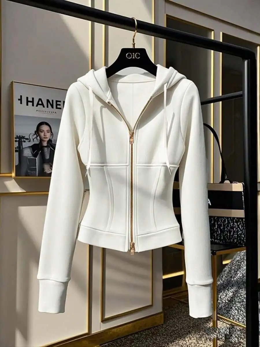 

Women's Solid Color Zip-Up Hoodie with Cinched Waist and Gold Zipper