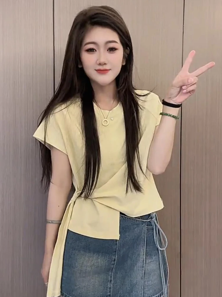 Letnia koszulka damska Sve T-irt Sle 2025 Nowy Trend Koreański Luźny Krój Okrągły Dekolt Casual Top dla Młodych Kobiet 8-24