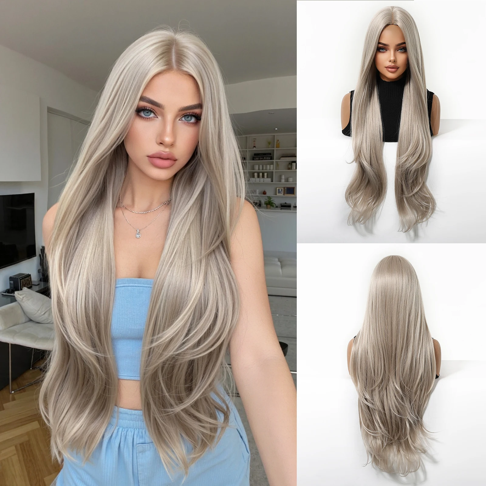 

HENRY MARGU Platinum Grey Synthetic Wigs Long Wavy Wig for Women Daily Party Hair Heat Resistant Fiber Smooth Cosplay Wig