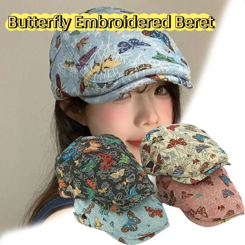 

Vintage Retro Newsboy Cap Ethnic Style Reversible Design Artist Painter Hat Sweet Casual Butterfly Embroidered Beret
