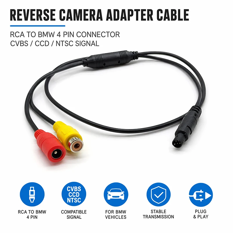 4-pin male/female CVBS to RCA AV/ female DC multi-cable plug adapter converter for automobile rear camera monitor.
