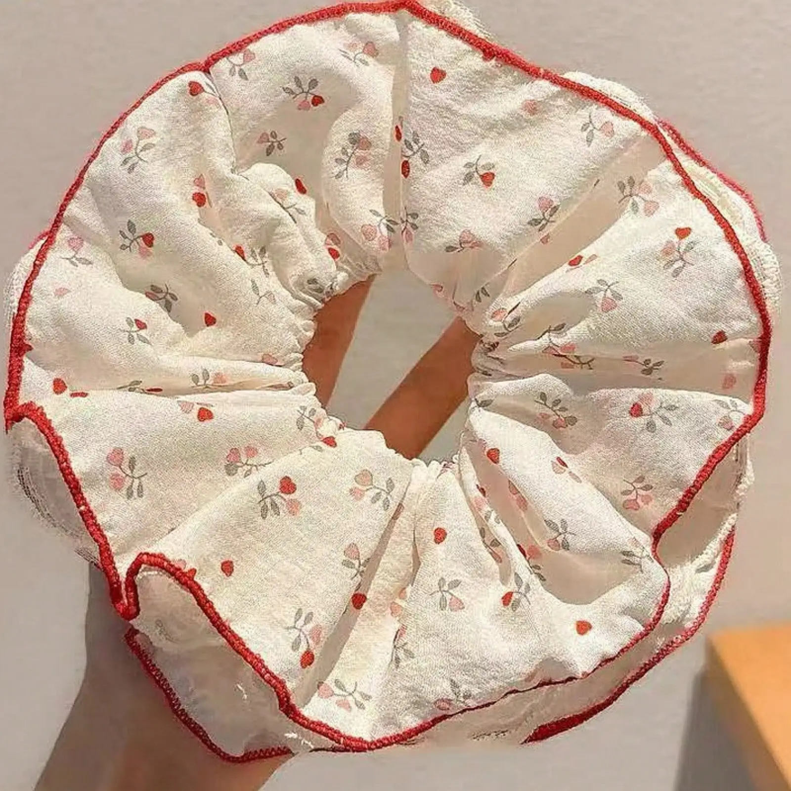 

Extra-Large Cherry Lace Scrunchie For Women, Wide Headband For Low Ponytails And Buns, Hair Accessory