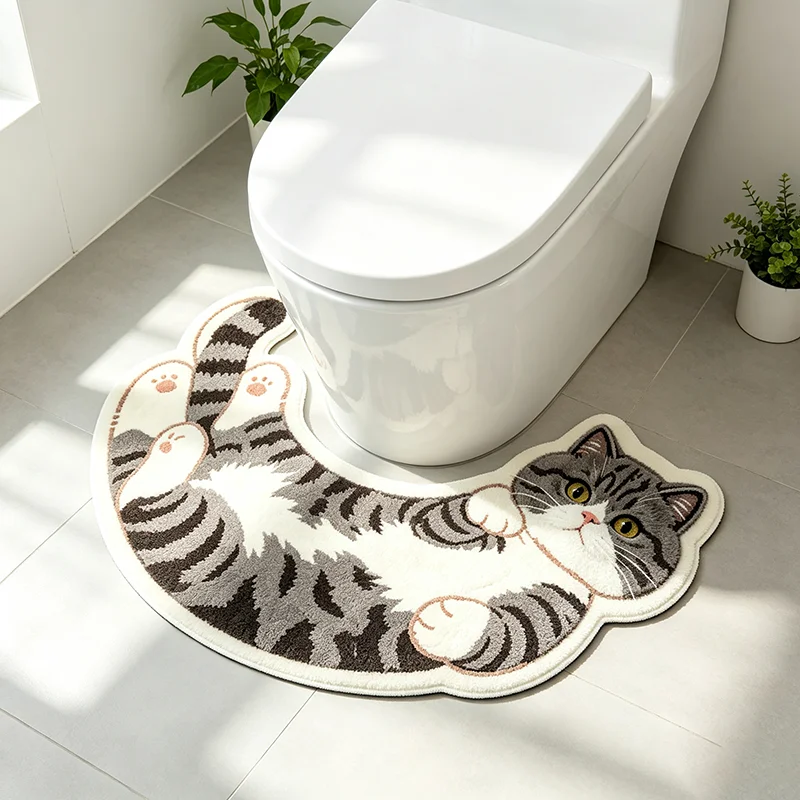 Cartoon Lazy Tabby Cat U‑Shaped Toilet Bath Mats Irregular Plush Bathroom Floor Mat Cute Pet‑Themed Decor Rug for Toilet