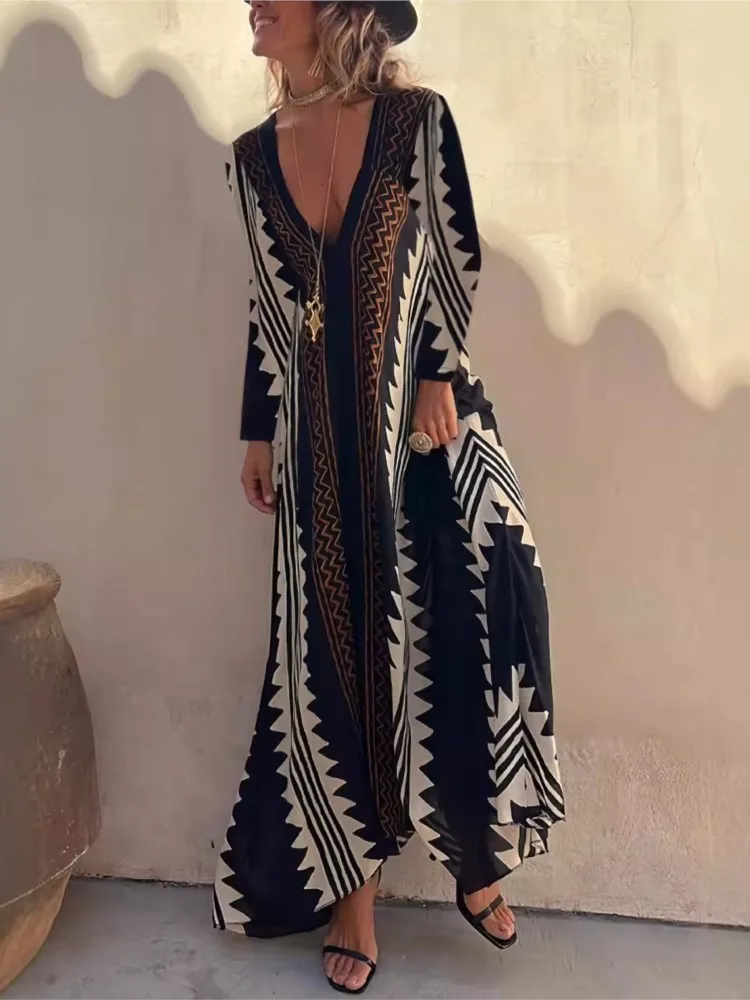 Summer Bohemian Women Long Dress Short Sleeve V-neck Loose Long Elegant Dresses Female 2024 Fashion Holiady Beach Clothes Ladies