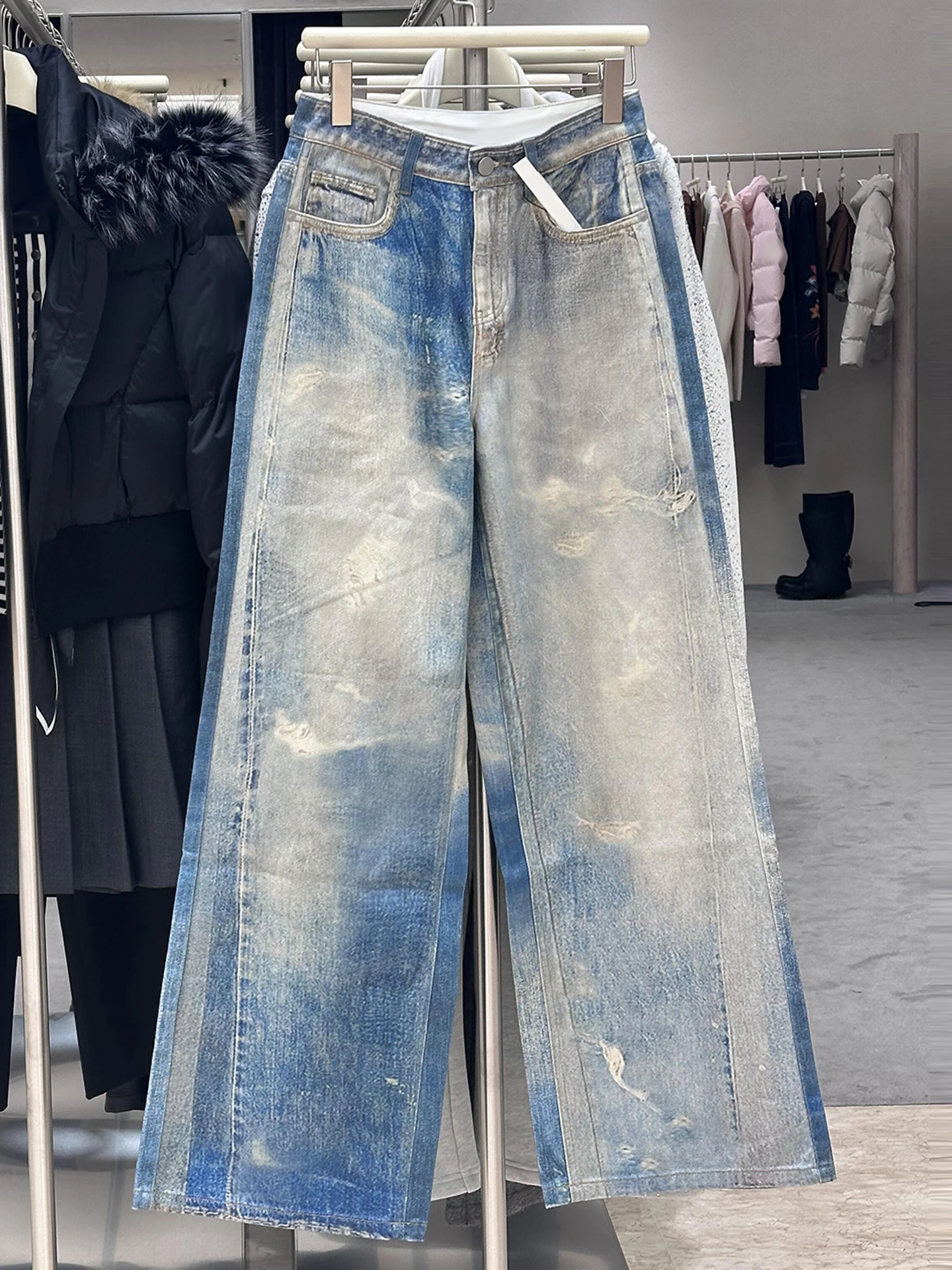 

High Waist Wide Leg Jeans Women's Premium Summer Design Washed Denim Torn Casual Style Commute Suitable Blue Color