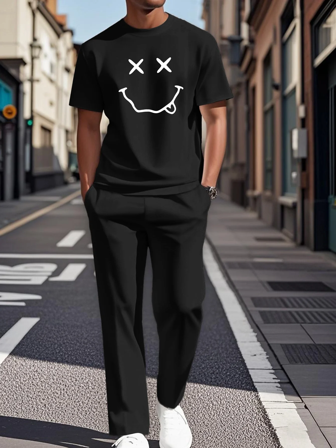 

The 2025 Summer new men's set features 3D smiley face printed casual and fashionable outdoor sportswear