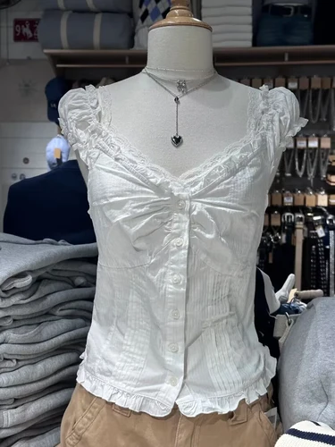 Blusa básica blanca con volantes para mujer, Top con pliegues de un solo pecho sin mangas, chaleco informal de algodón, camisola dulce Y2k