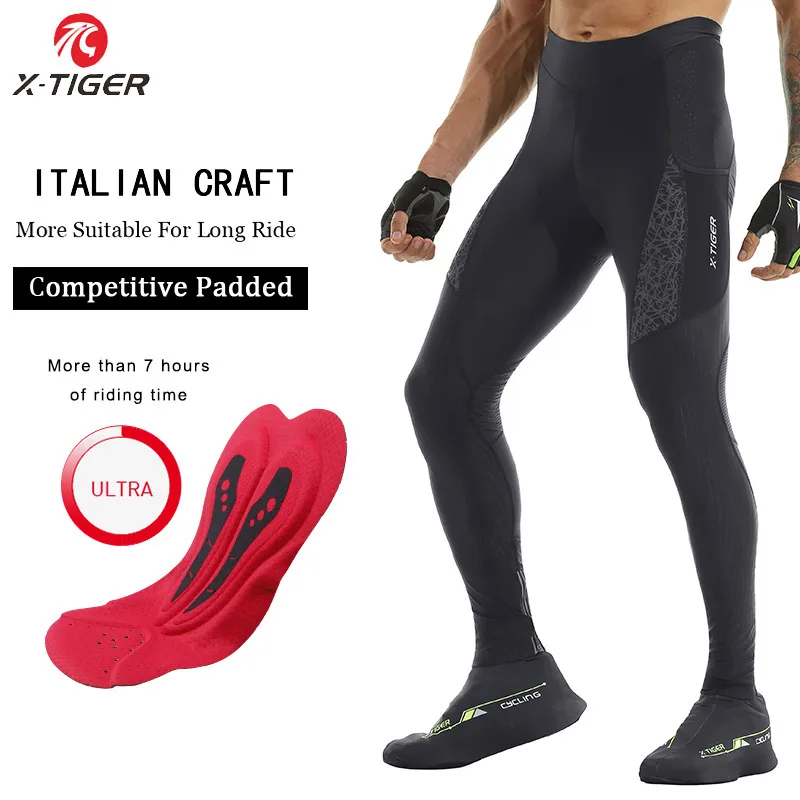 TIGER Herren-Fahrradhose, wettbewerbsfähig, gepolstert, MTB, Rennrad, Strumpfhosen mit 2 Taschen, atmungsaktive lange Rad-Leggings