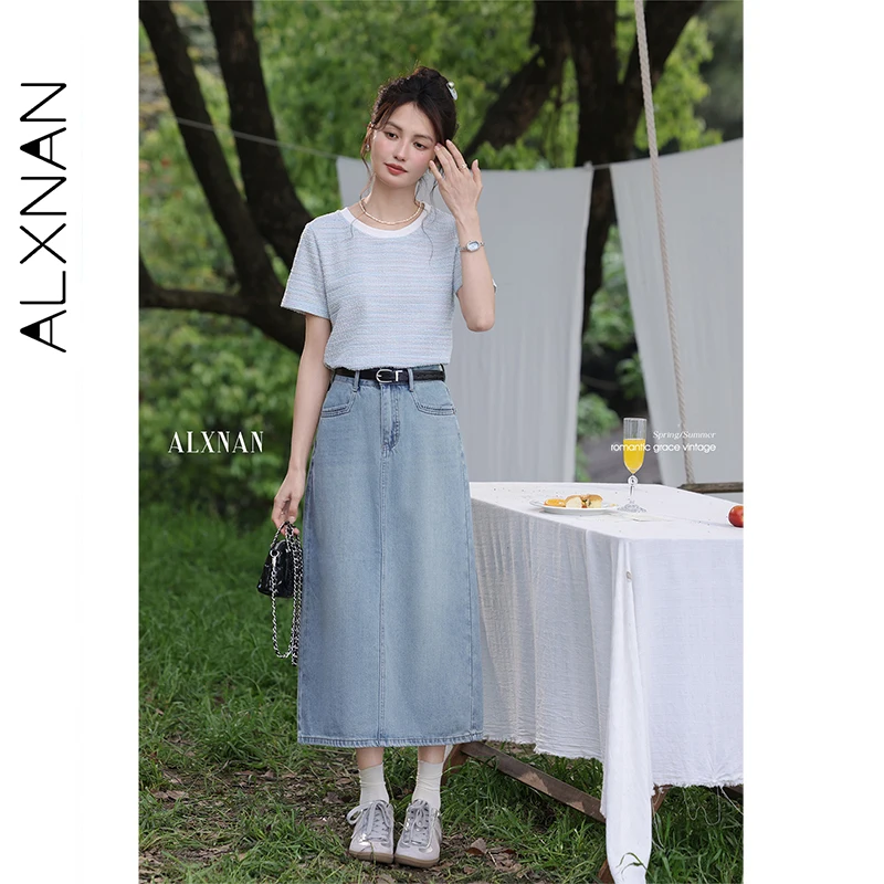 

Джинсовая юбка ALXNAN синего цвета, летняя коллекция 2026, длинная элегантная женская юбка с завышенной талией, повседневная модная прямая юбка миди, женская одежда L553112