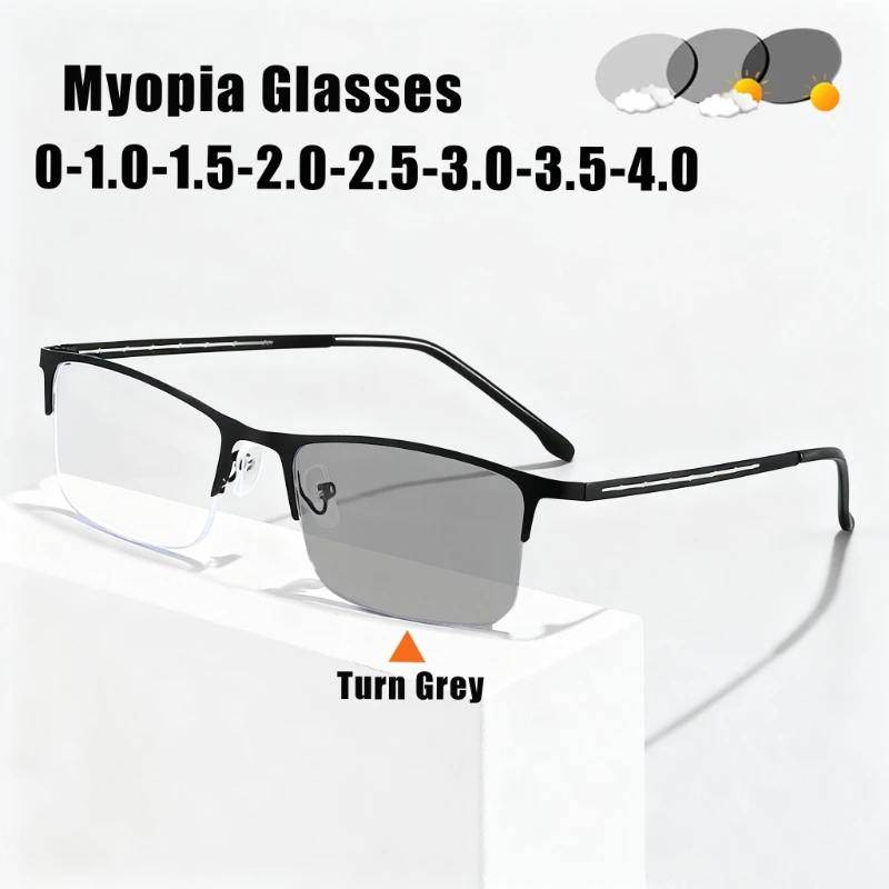 

Photochromic Retro Square Frame Myopia Glasses Metal Half-Frame Minus Diopter Eyeglasses 0 To -4.0 Men's Business Eyewear