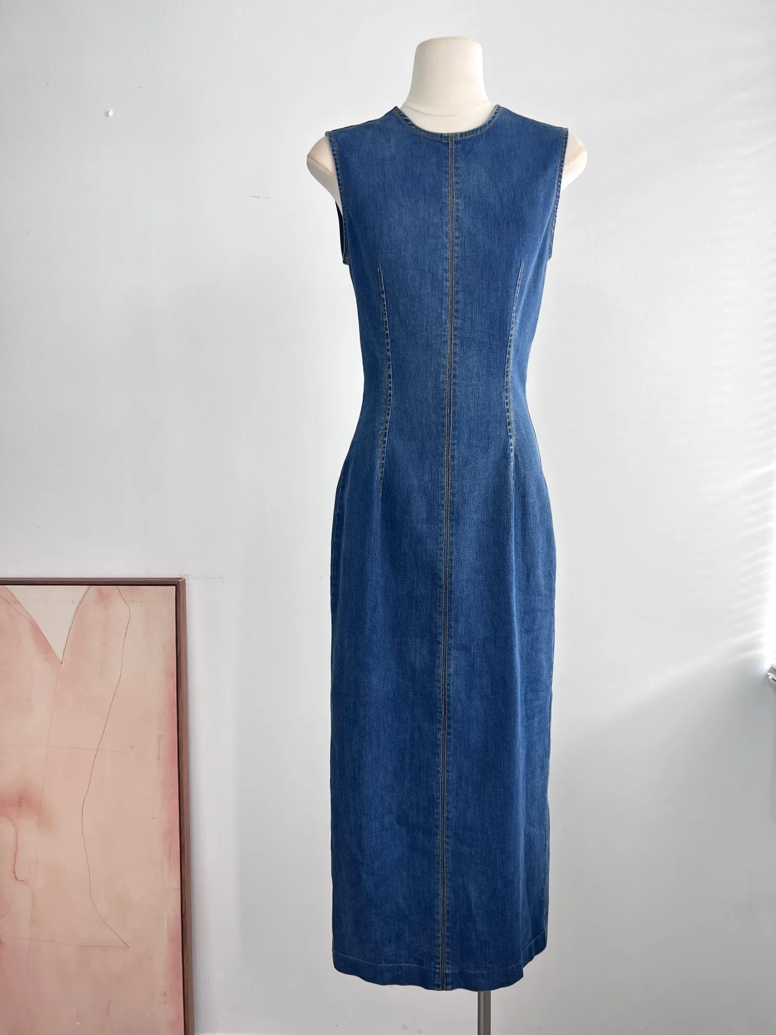 Vestido jeans longo, decote em O, zíper traseiro, feminino, casual, monocromático, sem mangas, primavera, verão, novo, 2022