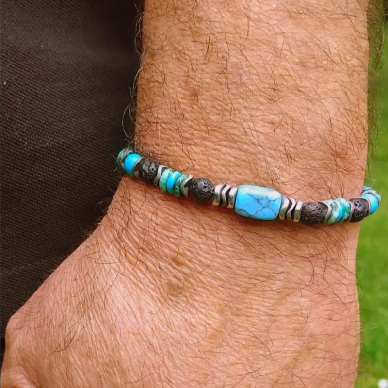 

Boho Black Gallstone Volcanic Stone Wood Beads Bracelet INS Handmade Elastic Rope Men Bracelet Retro Jewelry Pulseira Feminina