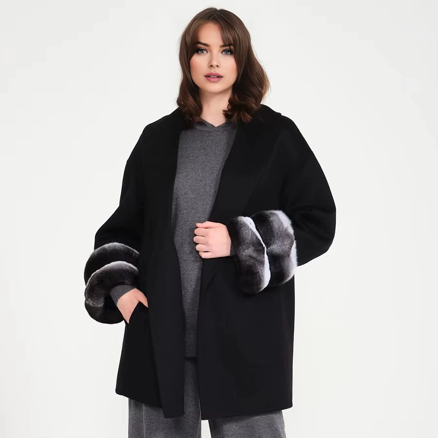 

Chinchilla Rex Rabbit Fur Coat Winter Wool Blends Jacket Women Real Fur Collar Best Selling Cashmere Jacket Luxury