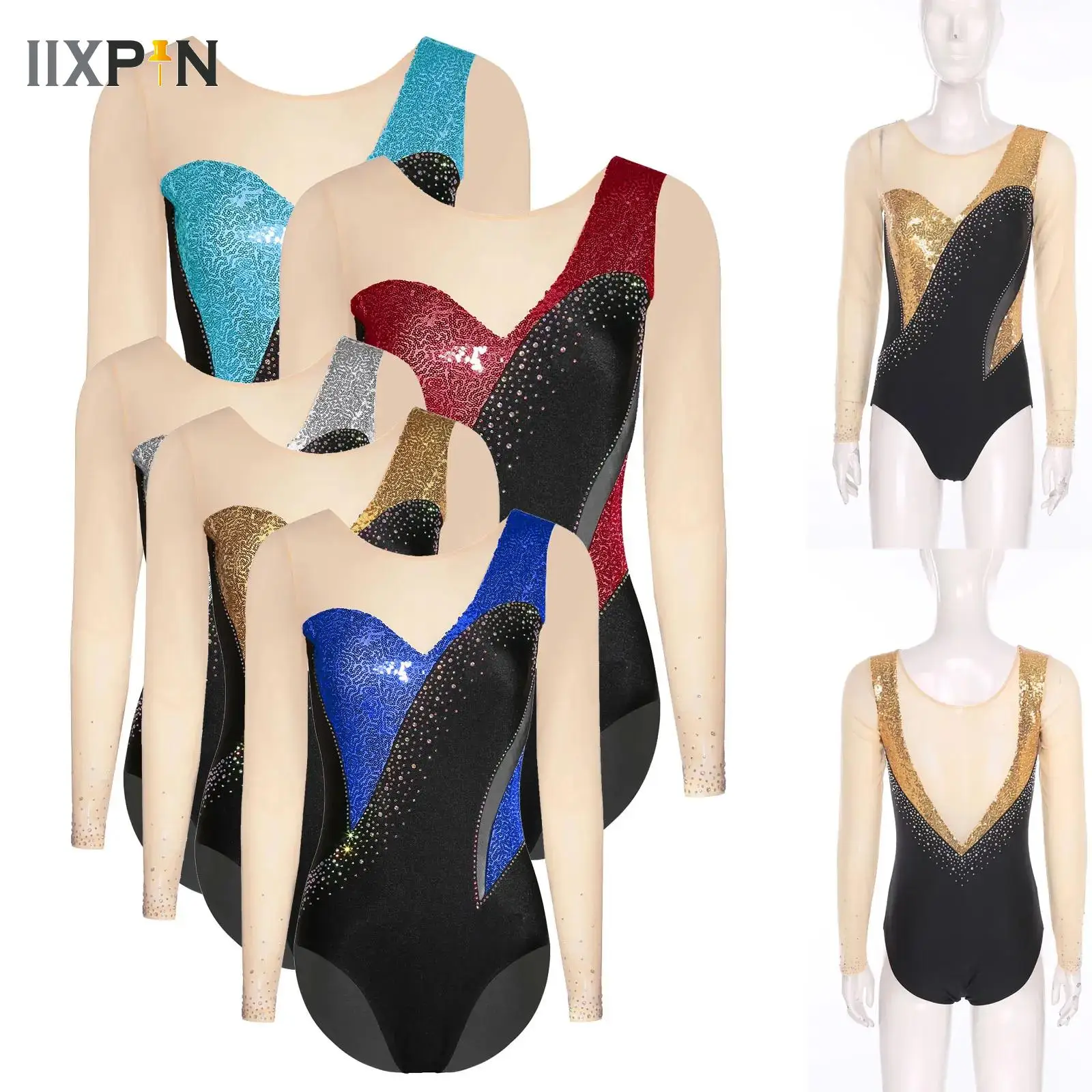 

Women Sheer Mesh Sequins Ballet Dance Bodysuit Long Sleeve Rhythmic Gymnastics Jersey Leotard Acrobatics Figure Skating Jumpsuit