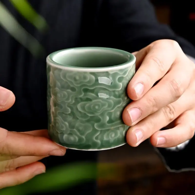 Handmade Celadon Tea Cup Traditional Longquan Ceramic Art Yunxiang Tea Tasting Cup for Gongfu Tea Ceremony Home