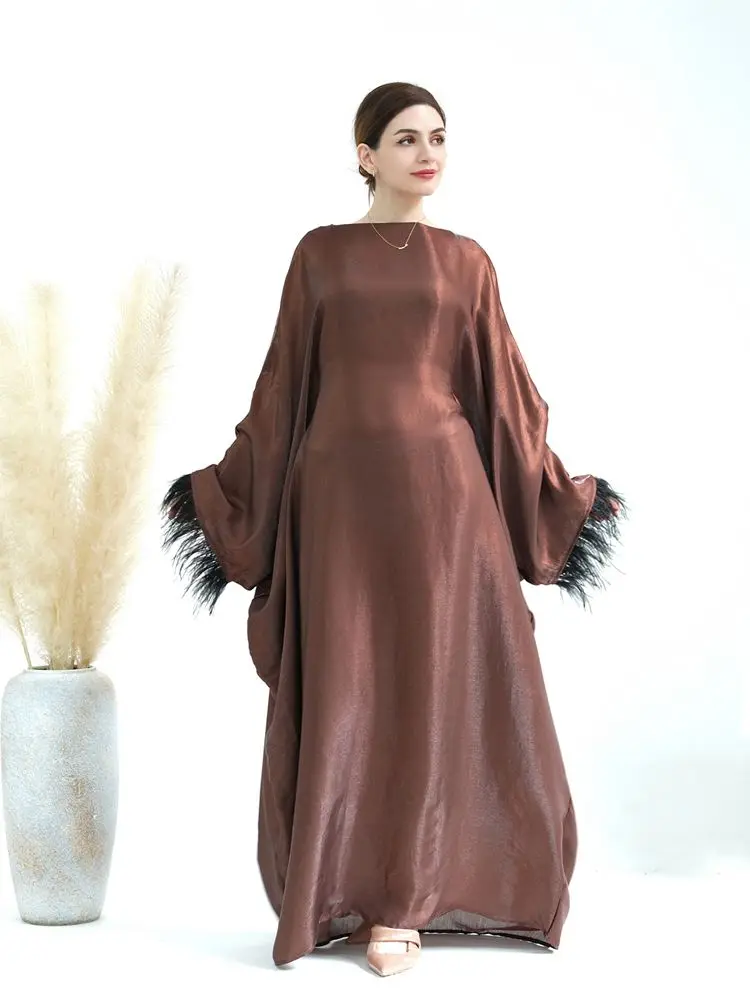 Fashion Shiny Oversized Abaya Djellaba Muslim Dress Dubai Full Length Feather Tassels Abaya Dubai Scarf Muslim Islam Robe WY1709