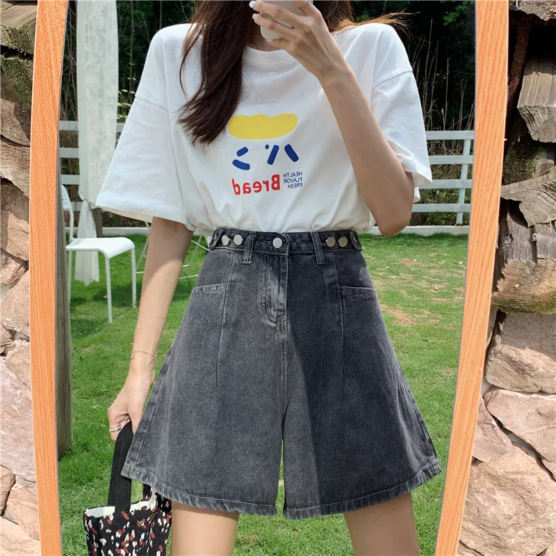 ارتفاع الخصر فضفاضة تناسب خمسة بوصة الدنيم orts المرأة حجم كبير الكورية Sle الخريف 2025 واسعة الساق منتصف طول السراويل