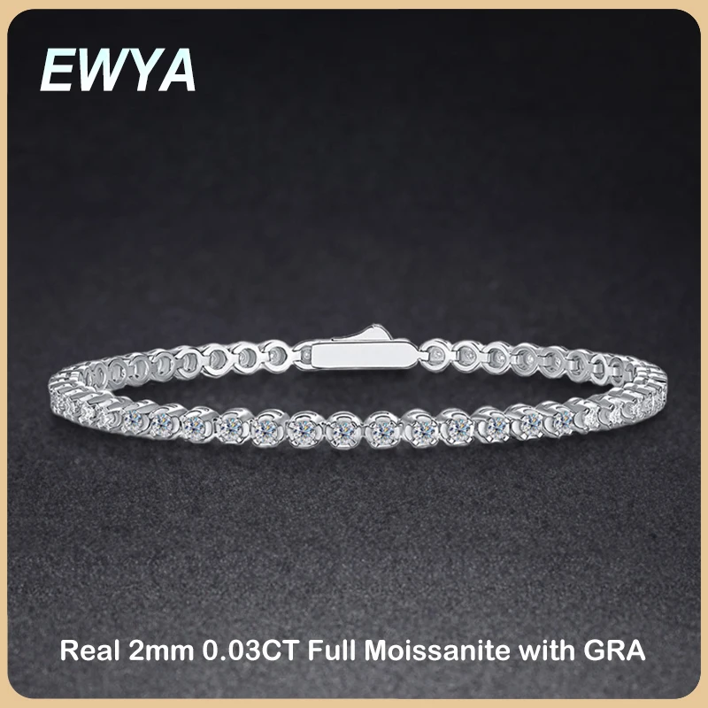 EWYA Sparkling Full 0.03ct 2mm D Color Moissanite Tennis Bracelet for Women Girl Fine Jewelry S925 Silver Diamond Link Bracelets