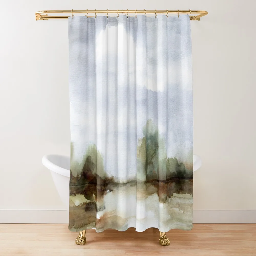 

Country Field Landscape Watercolor Blue Sky and Trees Shower Curtain Transparent Bathroom Shower Bathroom Box Curtain