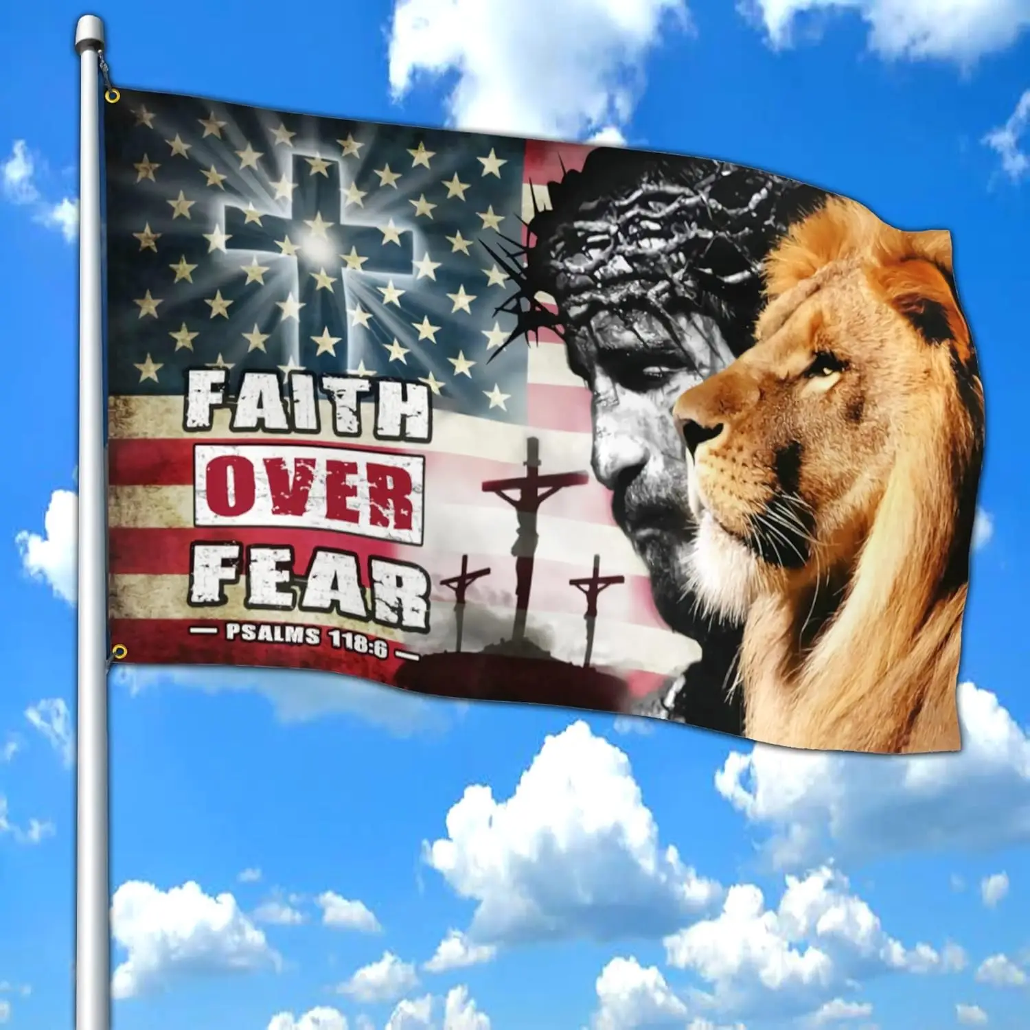 Faith Over Fear Jesus Easter Flag Outdoor Christ Judas Cross Lion American Flag Christian Banner Mirror Printing