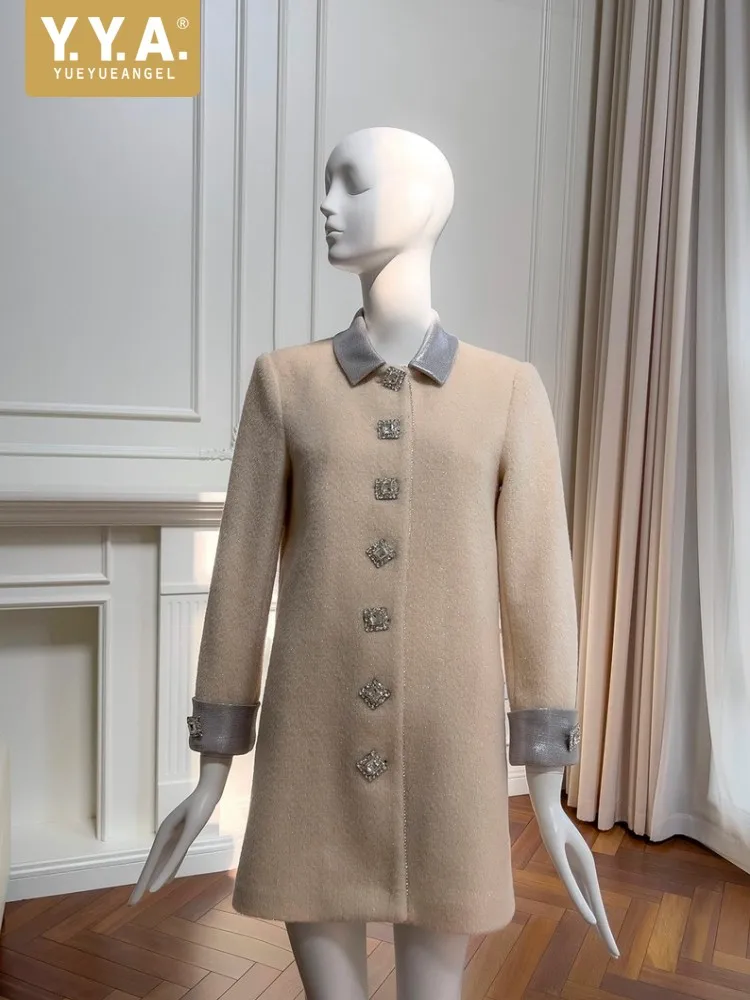 Elegant Women Wool Blends Retro Single Breasted Mid-length Diamond Button Woolen Coat Autumn Winter Turndown Collar Outerwear