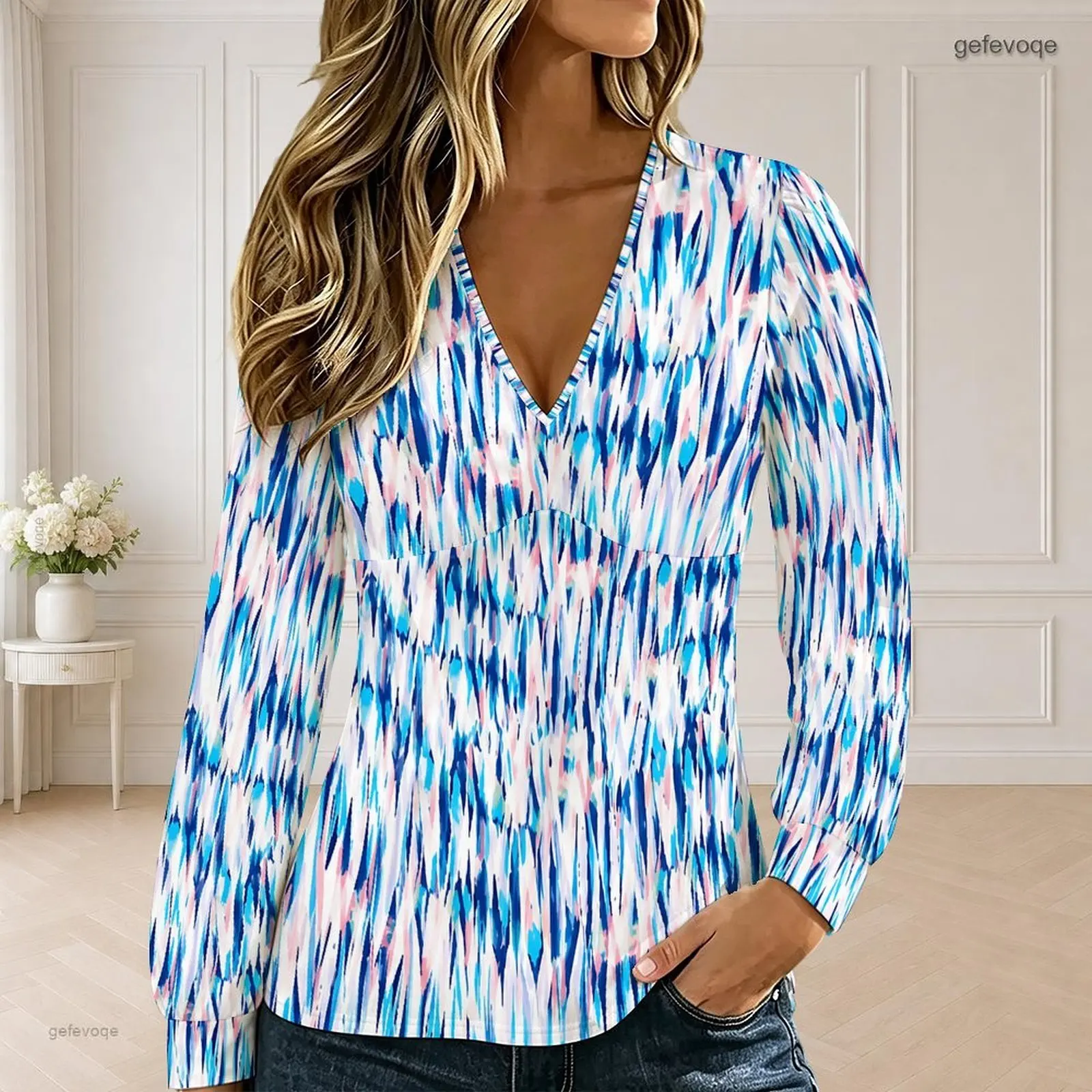 Women Abstract Blue Pink White Brush Stroke Printed V Neck Long Sleeve Top