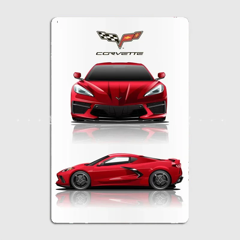 Classics Car Red Corvette C8 Supercar Retro Poster Metal Sign Sports Car Garage Room Decoration Custom Tin Home Decor