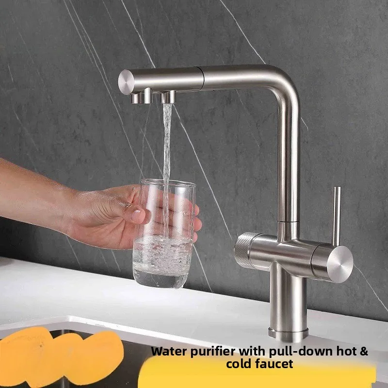 

Telescopic rotating household sink 304 stainless steel pull-out faucet for purifying water in three-in-one faucet