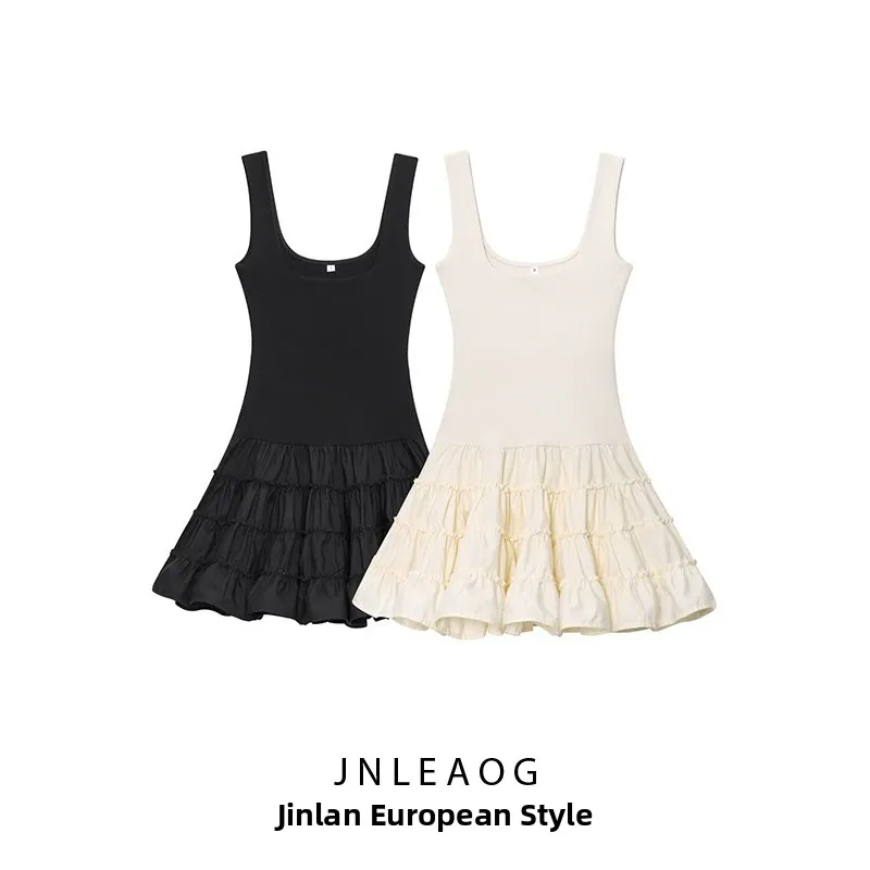 Vestido F Casual de Poliéster com Design Moderno em Patchwork e Alças, Estilo Solto, Novo Lançamento de Outono