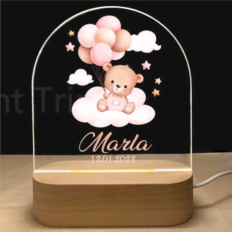 Imagem -03 - Personalizado Baby Night Light Usb Wood Base Lamp Nome Personalizado Lâmpada 3d para Crianças Mesa de Quarto Presente Animal